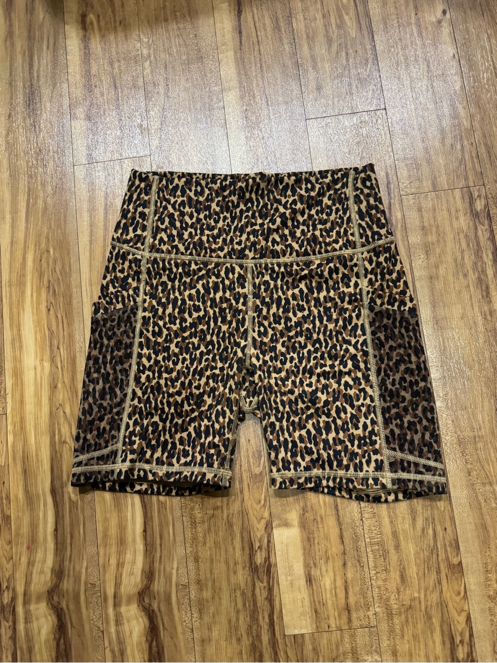 Fabletics Leopard Print High-Waist Athletic Biker Shorts - Tan & Black